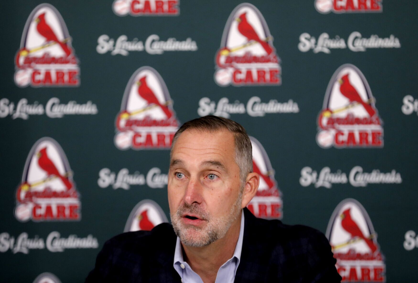 St. Louis Cardinals President of Baseball Operations John “Mo” Mozeliak talks to the press